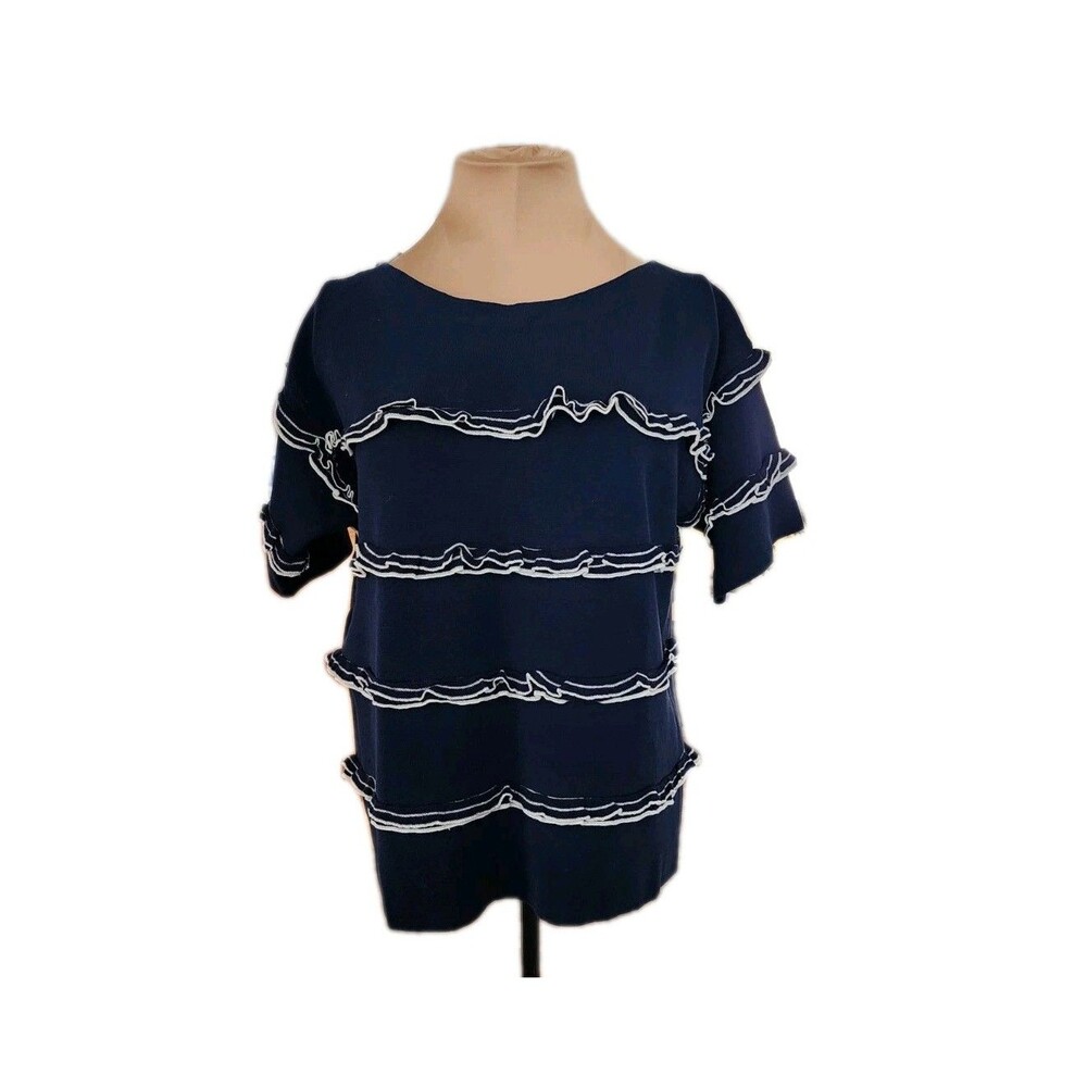 J.Crew‎ Women's XS Navy Blue Ruffle Trim Knit Top 100% Cotton Summer 2017